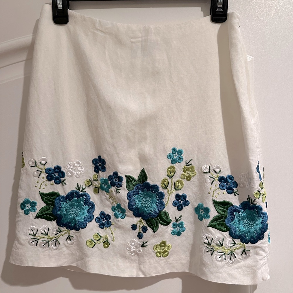 Michael Kors Floral Embroidered White Linen Lined Skirt Size 6